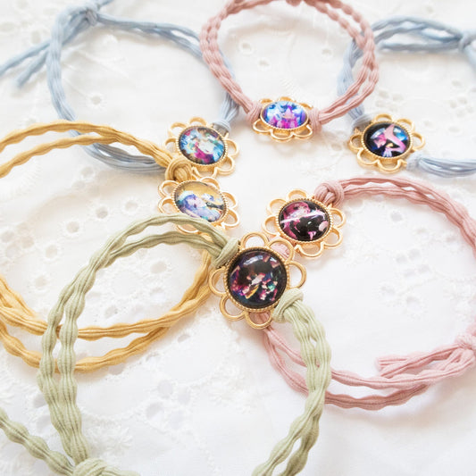 Handmade K-Pop Demon Hunter HUNTRIX Hair Tie featuring Rumi, Mira, and Zoey Saja Boys - Gold Flower Setting