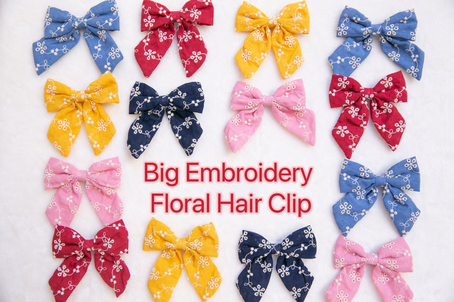 Embroidery Floral Hair Clip, Embroidered daisy Hair Clip, red navy blue yellow pink cute toddler pigtails bow hair clip