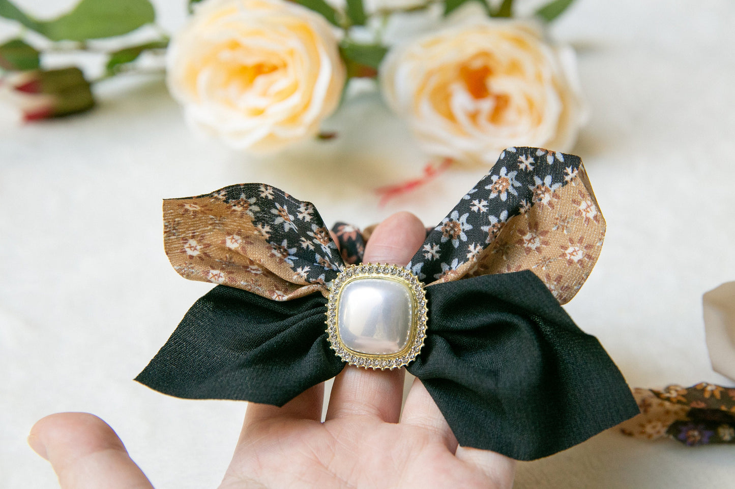 Parisian chic women's Hair Tie, elegant Scarf Scrunchies, Floral Hair Scarf with knot, pearl gift for her, Elastic effortless chic