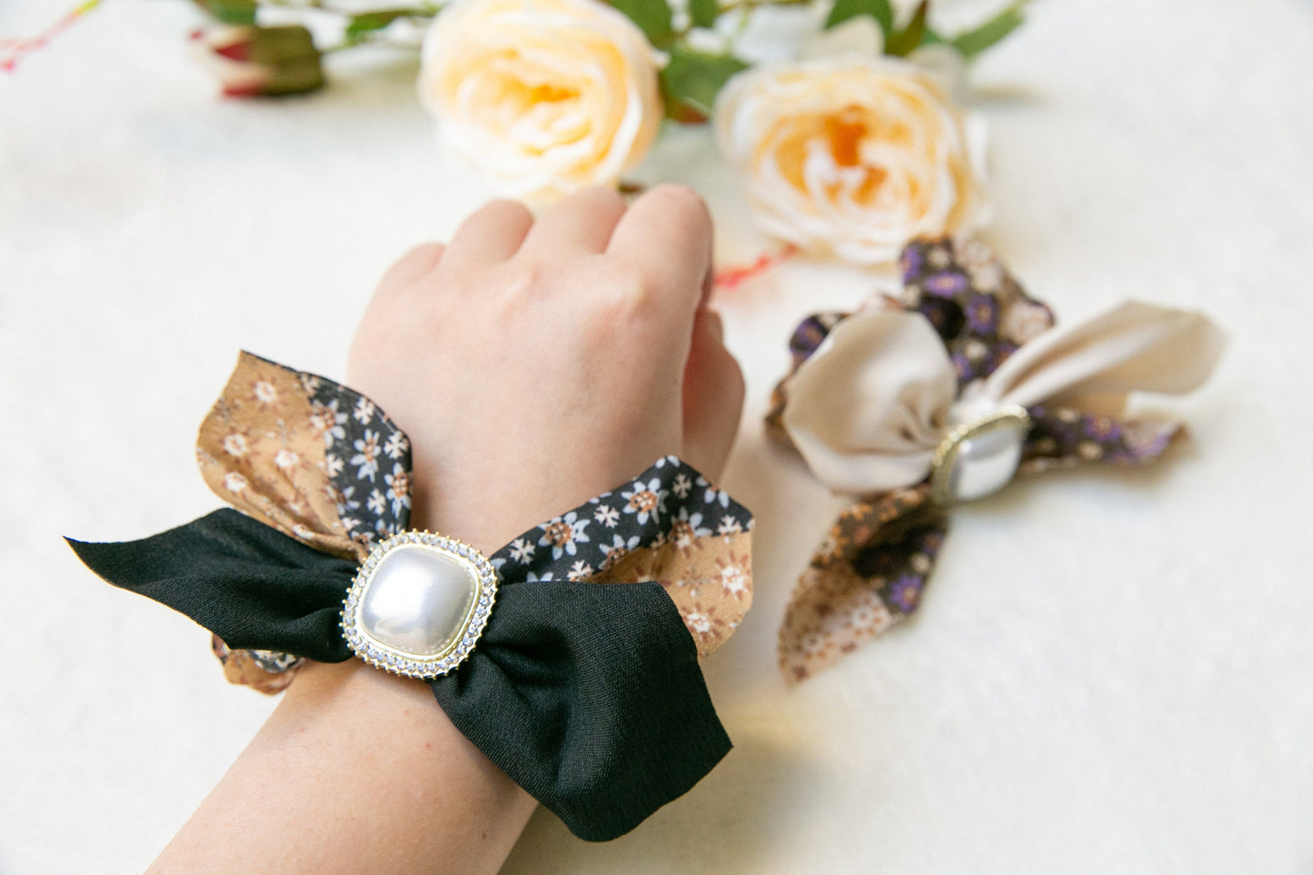 Parisian chic women's Hair Tie, elegant Scarf Scrunchies, Floral Hair Scarf with knot, pearl gift for her, Elastic effortless chic