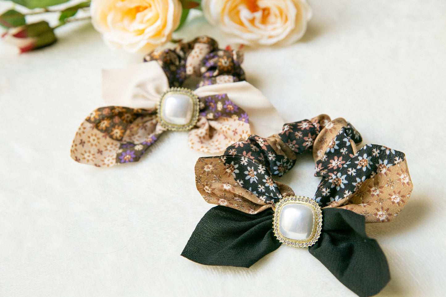 Parisian chic women's Hair Tie, elegant Scarf Scrunchies, Floral Hair Scarf with knot, pearl gift for her, Elastic effortless chic