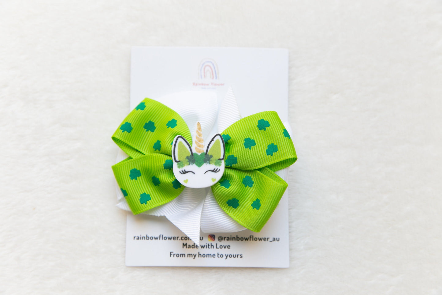 St Patrick's Day Bow Hair Clip, Green four-leaf Lucky Clover Oversized big Cute Unicorn Barrette, baby girl Toddler Hair Clip Ireland