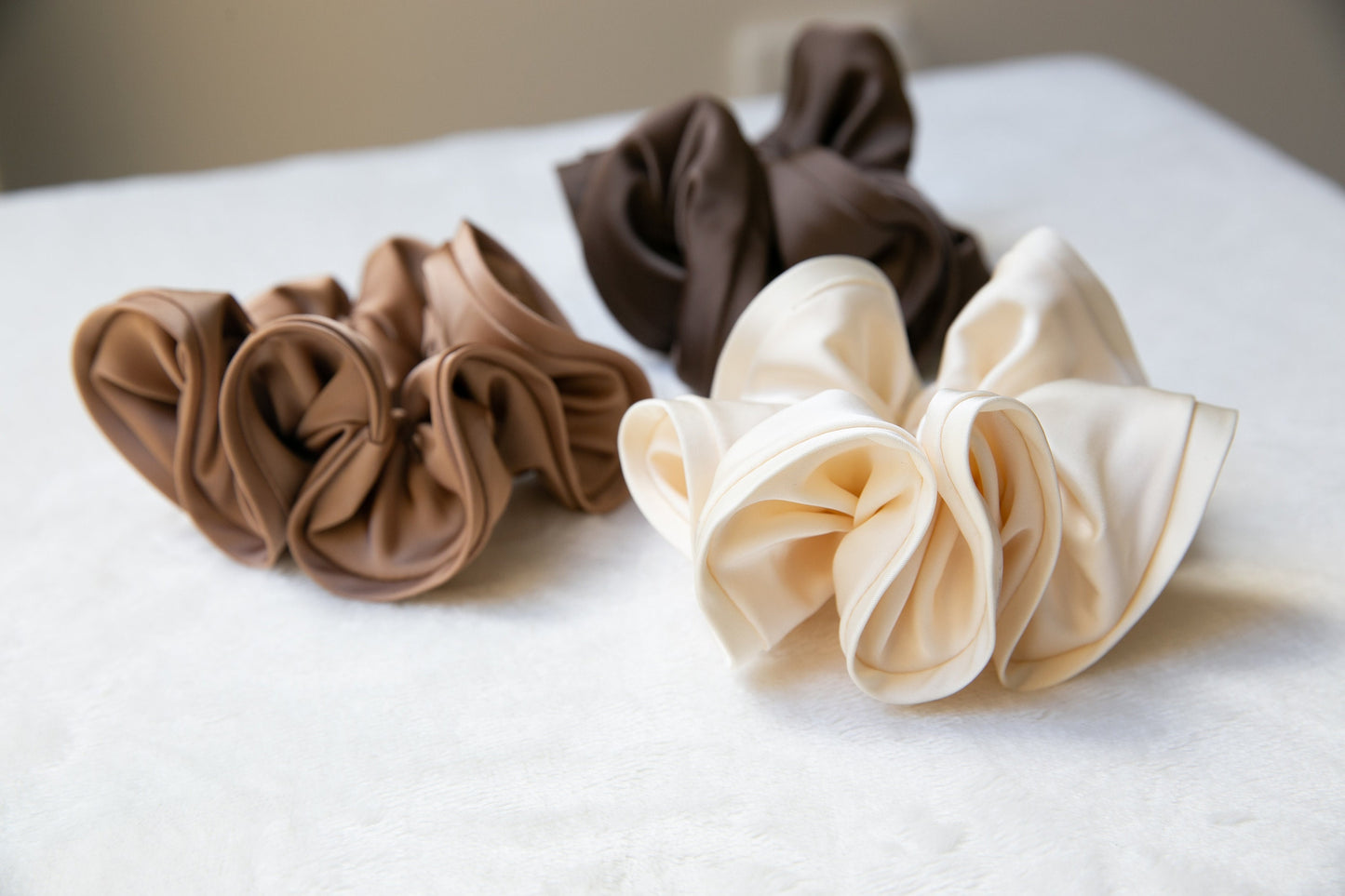 High Quality Satin Women Scrunchie - Beige Sienna Brown, Chic and Minimalistic, Sophisticated Elegance Oversize Fashion hair tie Handmade