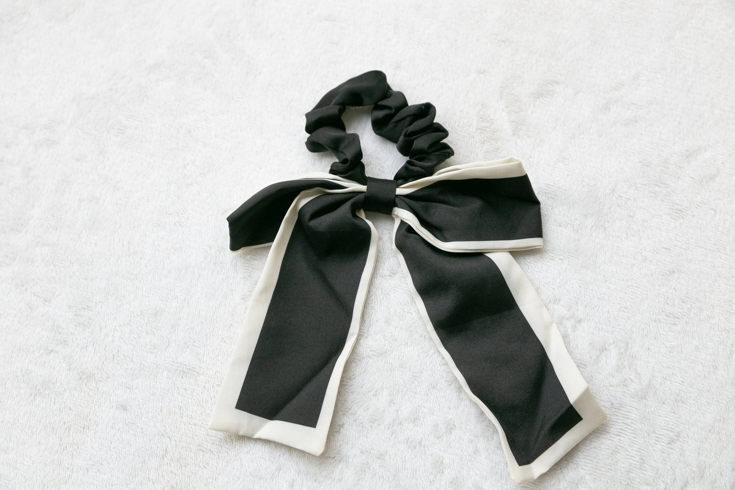 High Quality Satin Scrunchie with Oversize Bow - Effortless Chic Classic Timeless Elegant Style - Black and White - Women's Hair Accessory
