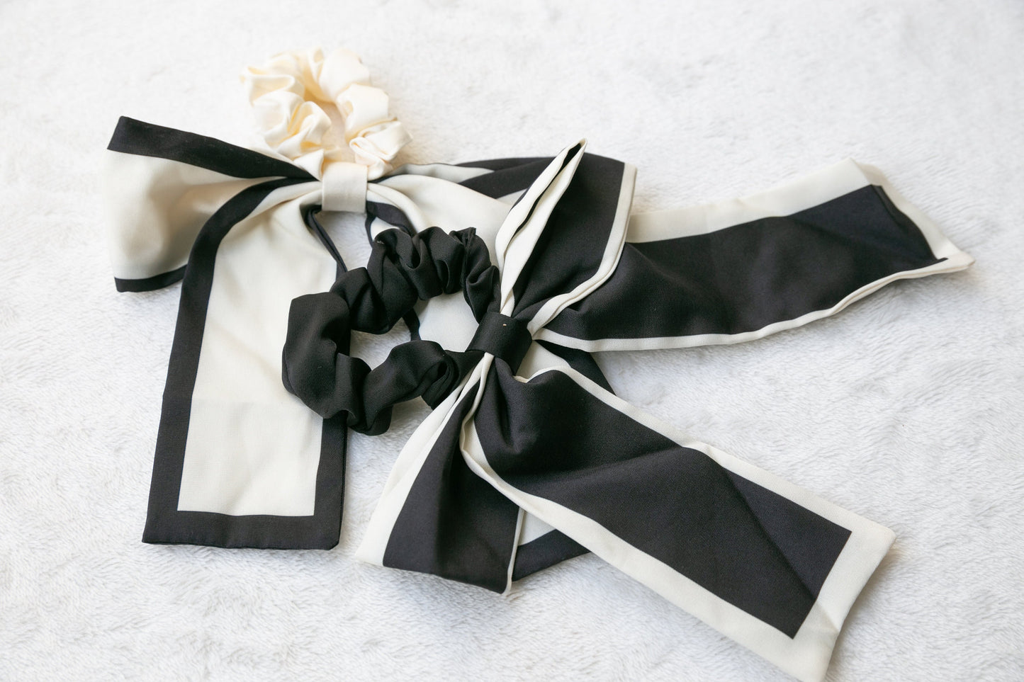 High Quality Satin Scrunchie with Oversize Bow - Effortless Chic Classic Timeless Elegant Style - Black and White - Women's Hair Accessory