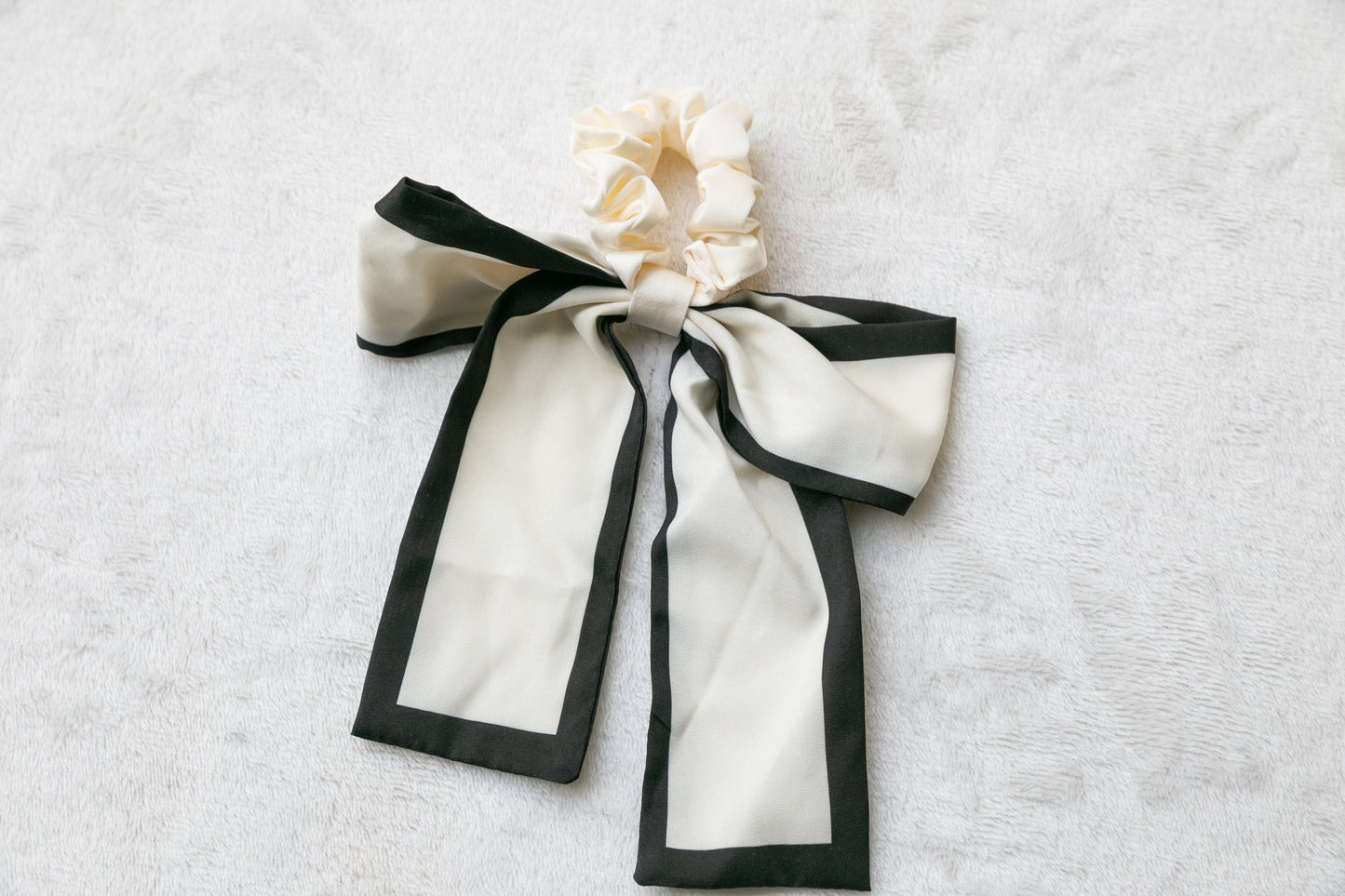 High Quality Satin Scrunchie with Oversize Bow - Effortless Chic Classic Timeless Elegant Style - Black and White - Women's Hair Accessory