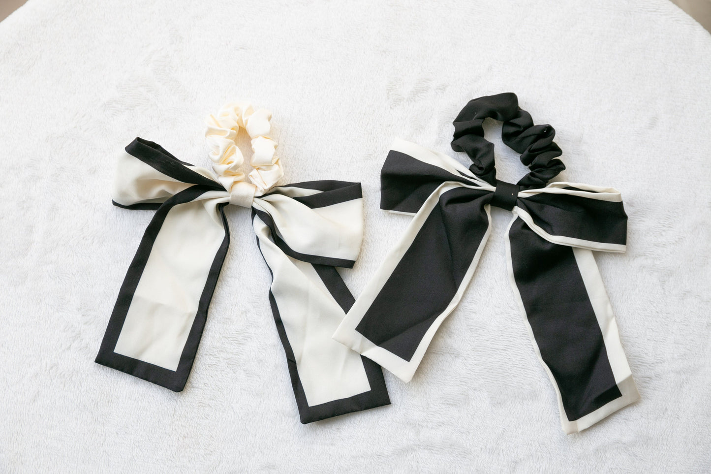 High Quality Satin Scrunchie with Oversize Bow - Effortless Chic Classic Timeless Elegant Style - Black and White - Women's Hair Accessory