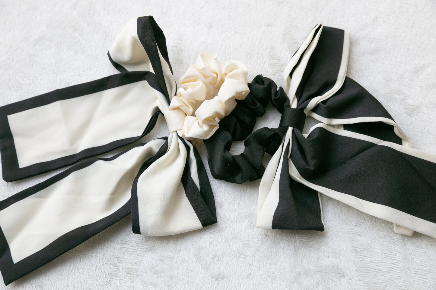 High Quality Satin Scrunchie with Oversize Bow - Effortless Chic Classic Timeless Elegant Style - Black and White - Women's Hair Accessory