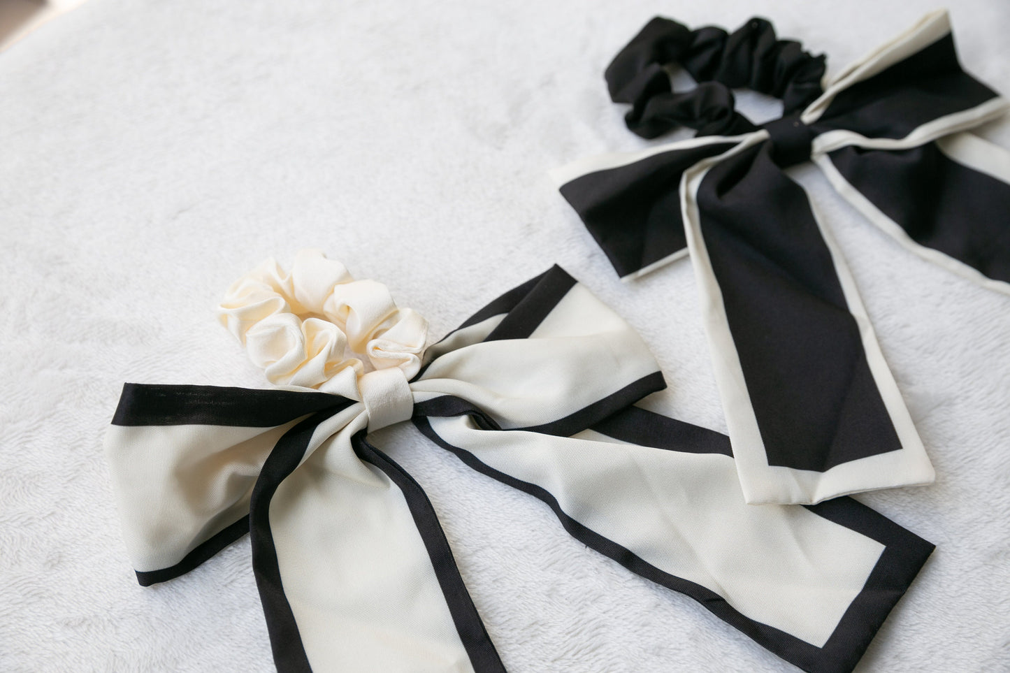 High Quality Satin Scrunchie with Oversize Bow - Effortless Chic Classic Timeless Elegant Style - Black and White - Women's Hair Accessory