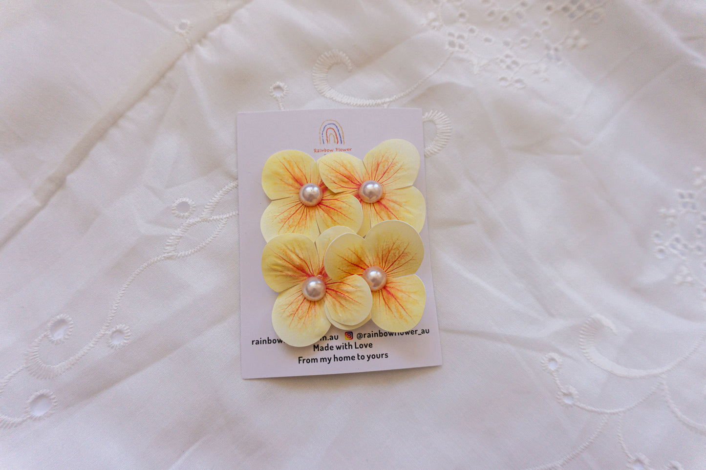 Handmade Floral Hair Clips with Pearl Center, set of 2 hair clip yellow pink white blue purple hair clip