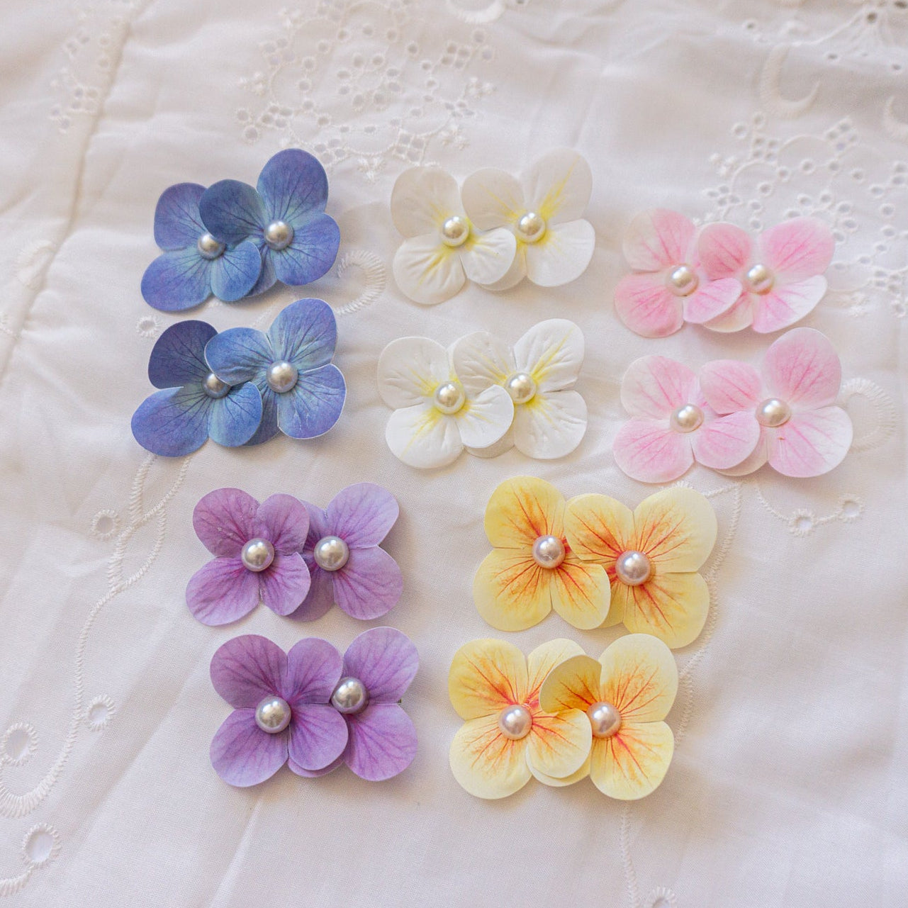 Handmade Floral Hair Clips with Pearl Center, set of 2 hair clip yellow pink white blue purple hair clip