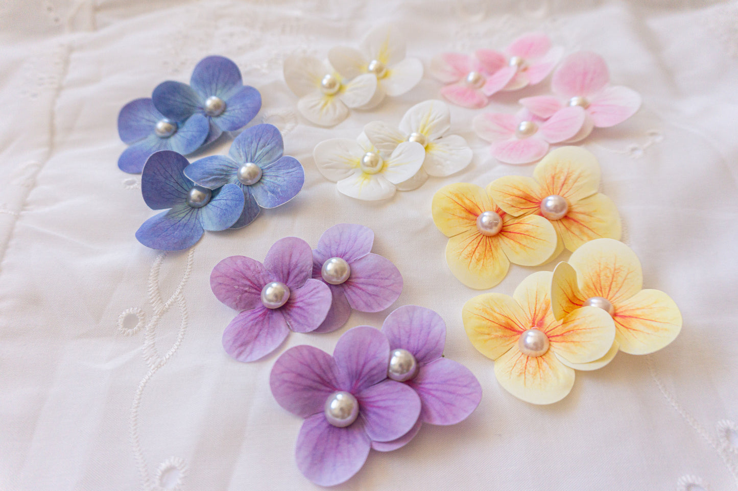 Handmade Floral Hair Clips with Pearl Center, set of 2 hair clip yellow pink white blue purple hair clip