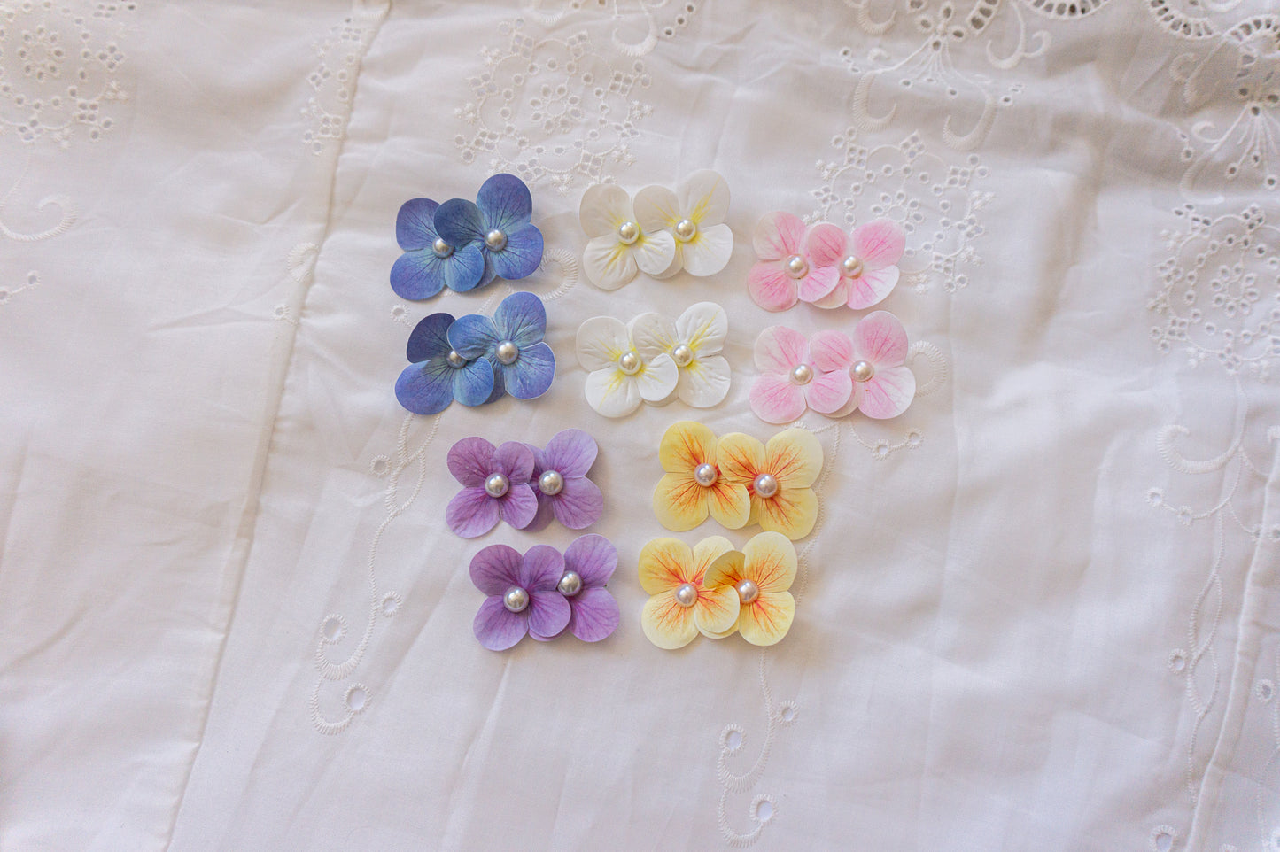 Handmade Floral Hair Clips with Pearl Center, set of 2 hair clip yellow pink white blue purple hair clip