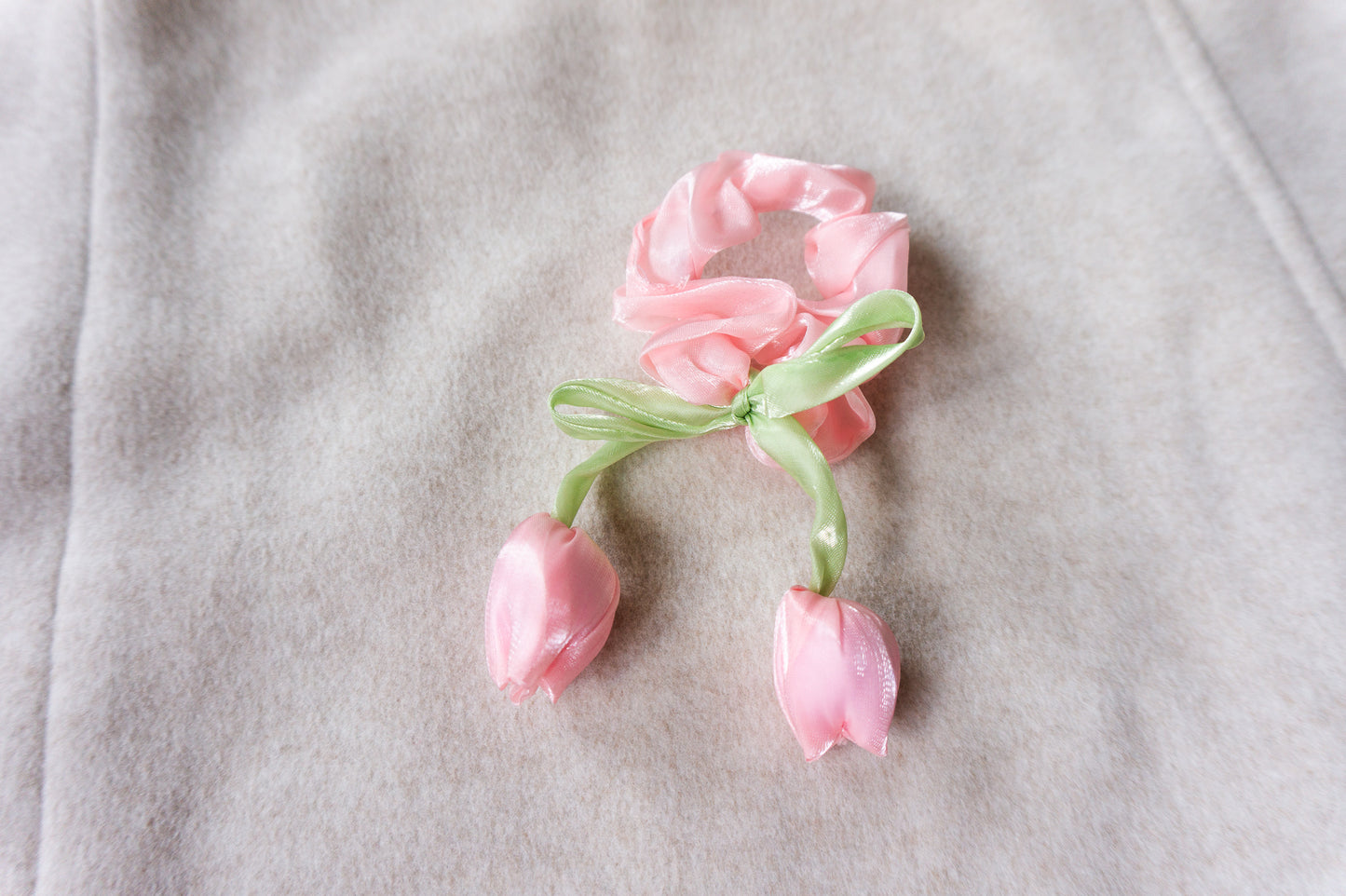 Handmade Pink Tulip Satin Scrunchie | Floral Hair Tie  Very unique