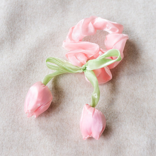 Handmade Pink Tulip Satin Scrunchie | Floral Hair Tie Very unique