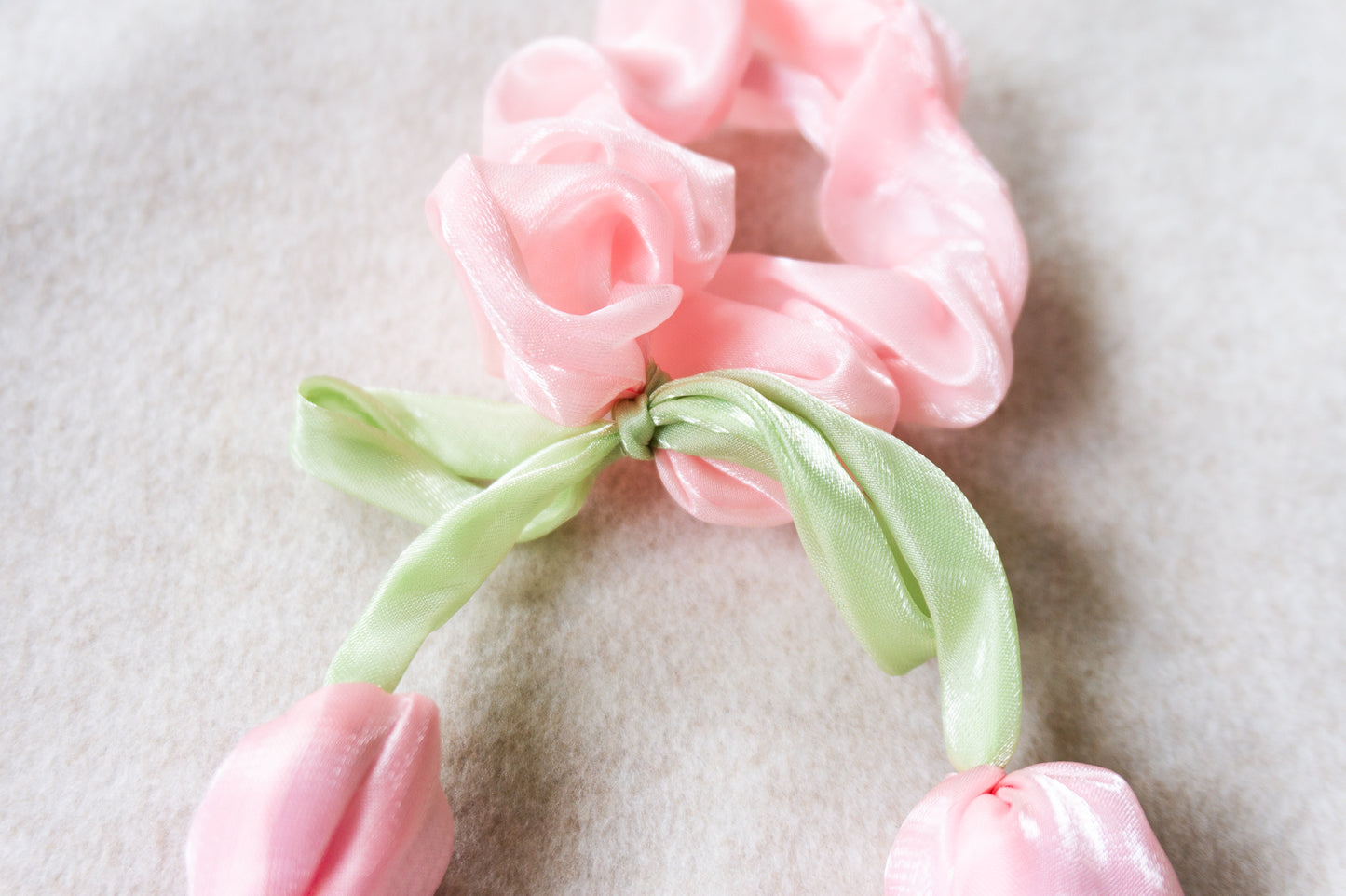 Handmade Pink Tulip Satin Scrunchie | Floral Hair Tie  Very unique