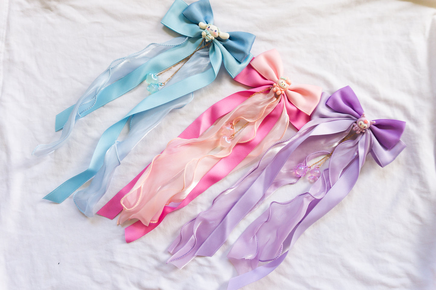 Handmade Kawaii Sanrio Bow Hair Clips with Long Ribbon Tails – Cinnamoroll, My Melody & Kuromi