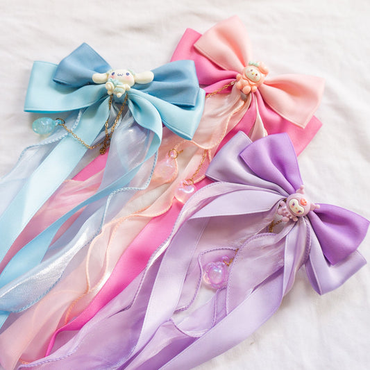 Handmade Kawaii Sanrio Bow Hair Clips with Long Ribbon Tails – Cinnamoroll, My Melody & Kuromi