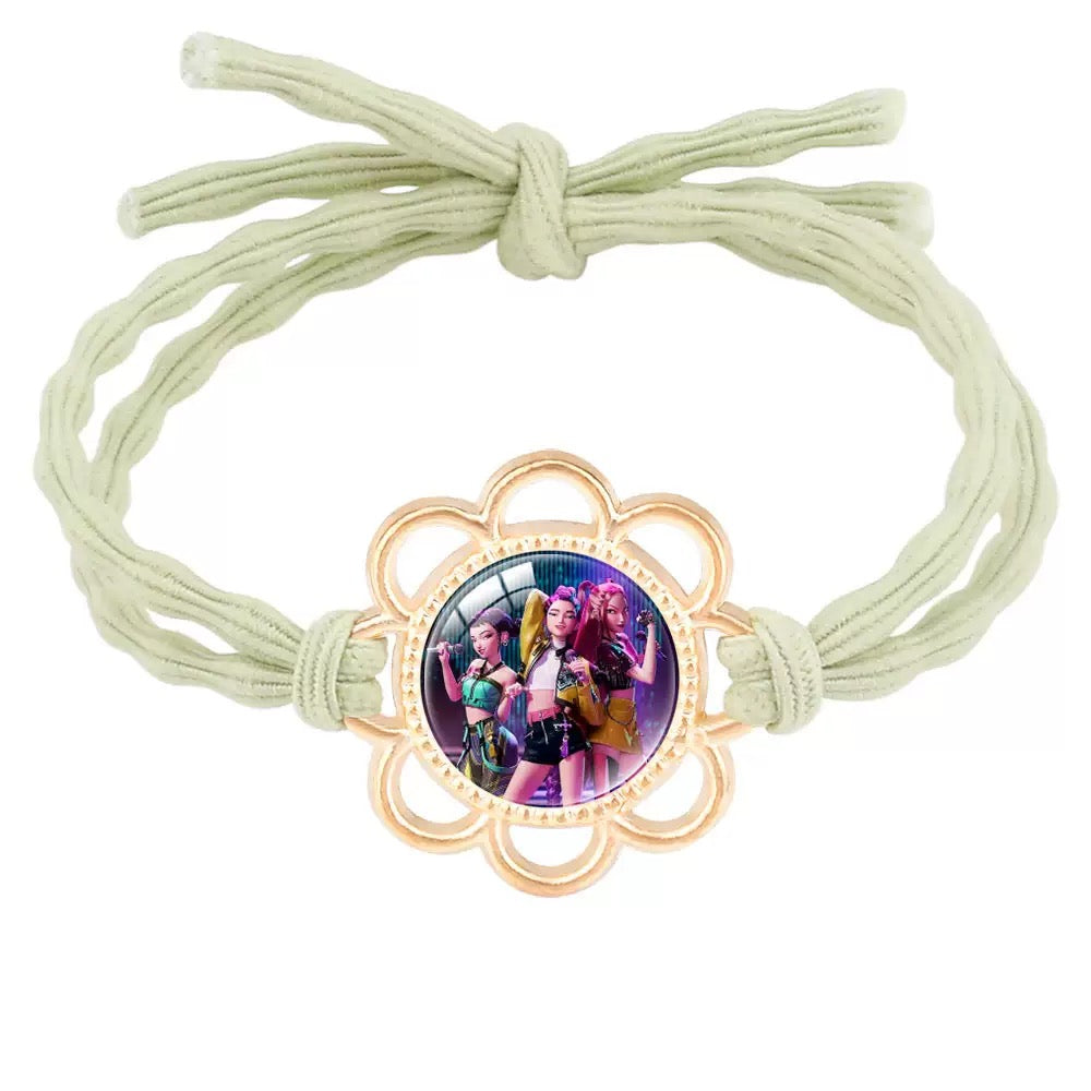 Handmade K-Pop Demon Hunter HUNTRIX Hair Tie featuring Rumi, Mira, and Zoey Saja Boys - Gold Flower Setting