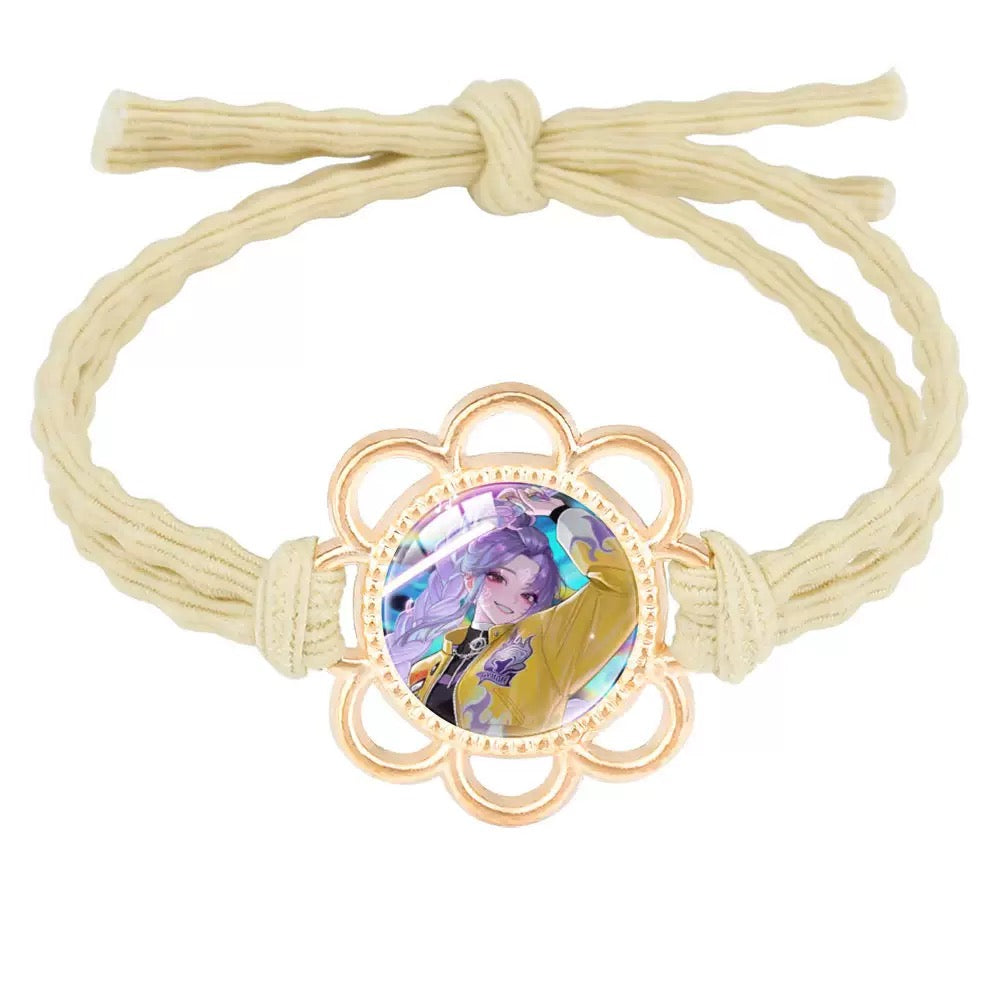 Handmade K-Pop Demon Hunter HUNTRIX Hair Tie featuring Rumi, Mira, and Zoey Saja Boys - Gold Flower Setting