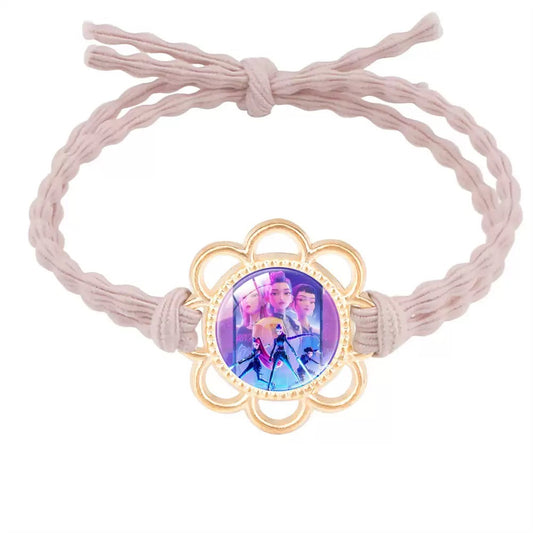 Handmade K-Pop Demon Hunter HUNTRIX Hair Tie featuring Rumi, Mira, and Zoey Saja Boys - Gold Flower Setting