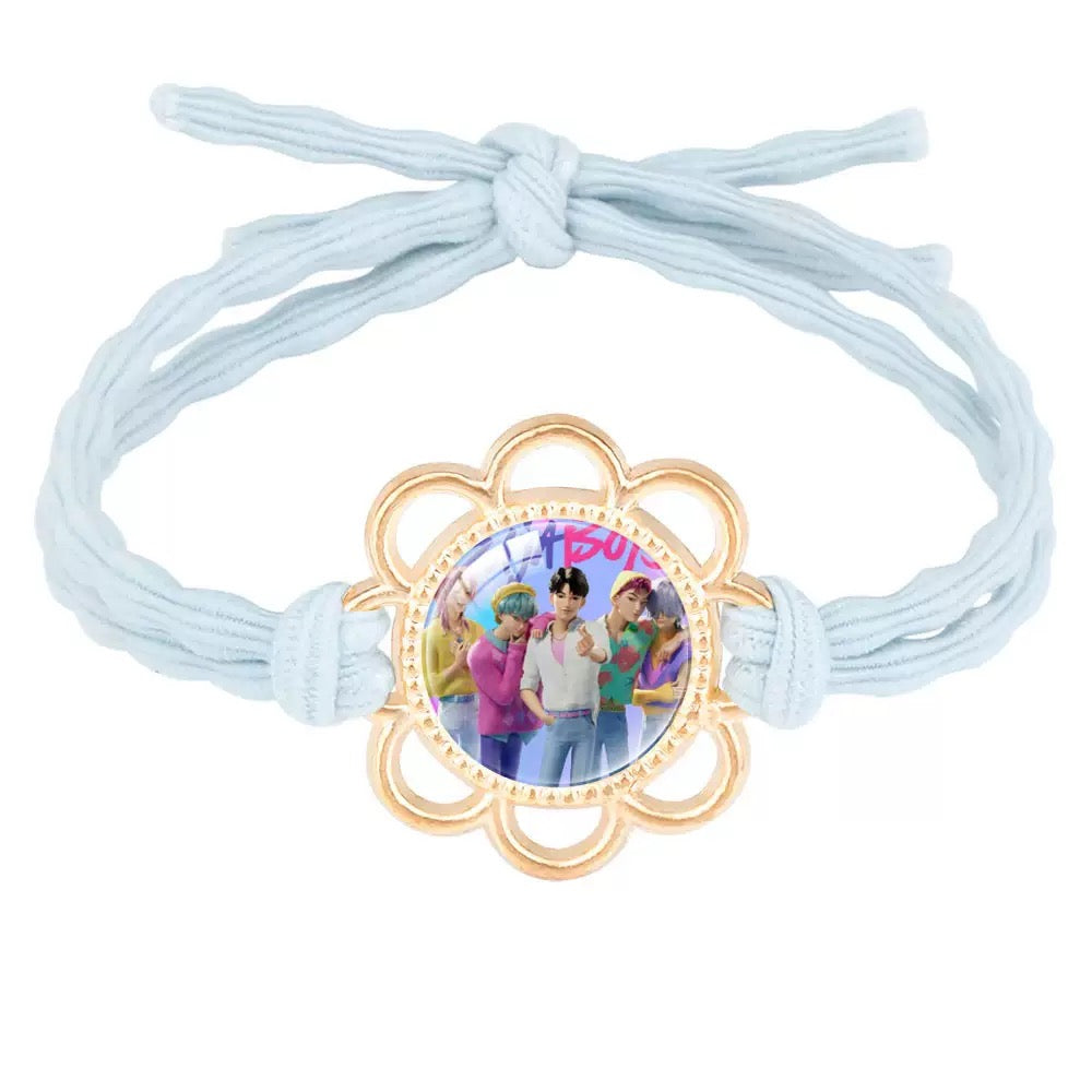 Handmade K-Pop Demon Hunter HUNTRIX Hair Tie featuring Rumi, Mira, and Zoey Saja Boys - Gold Flower Setting