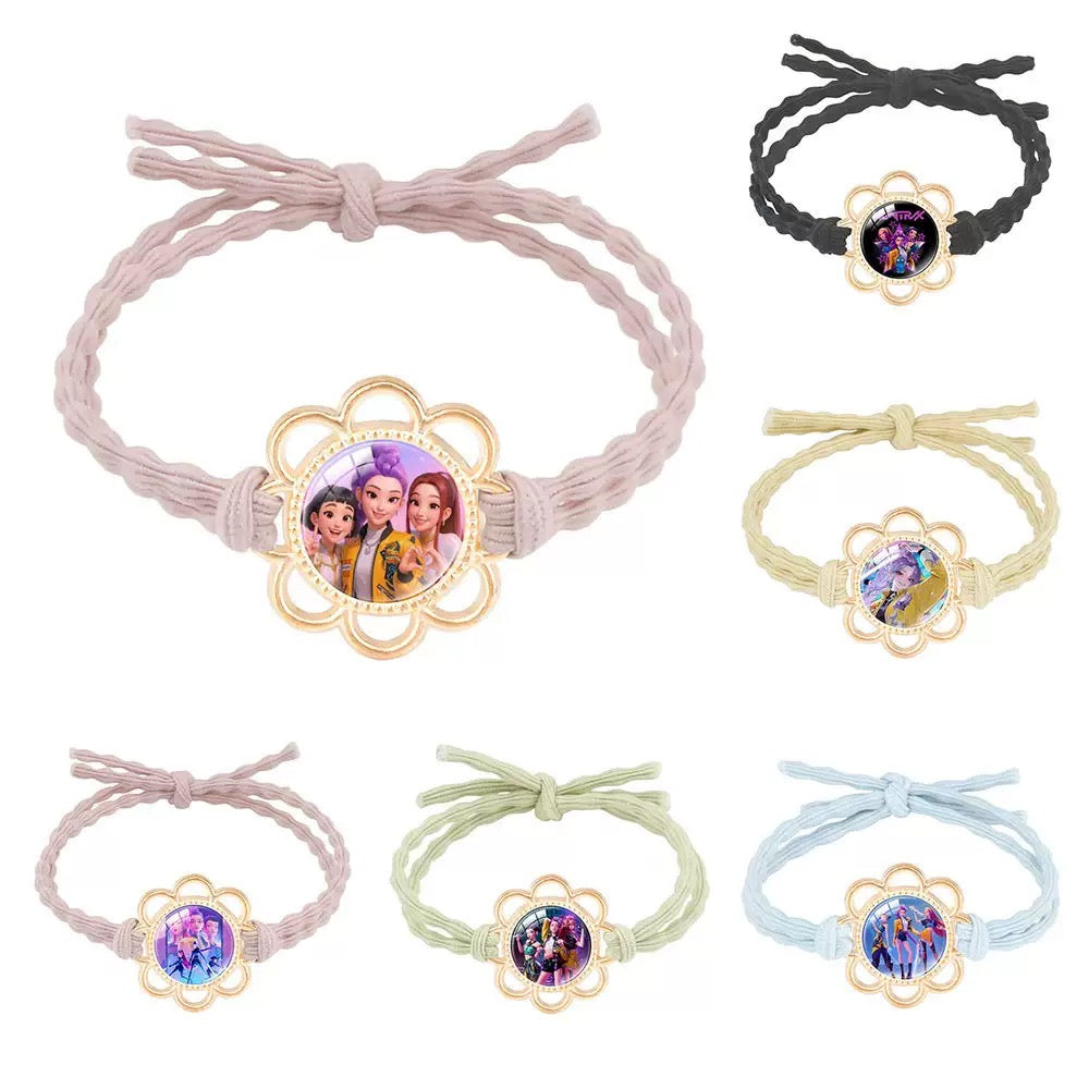 Handmade K-Pop Demon Hunter HUNTRIX Hair Tie featuring Rumi, Mira, and Zoey Saja Boys - Gold Flower Setting