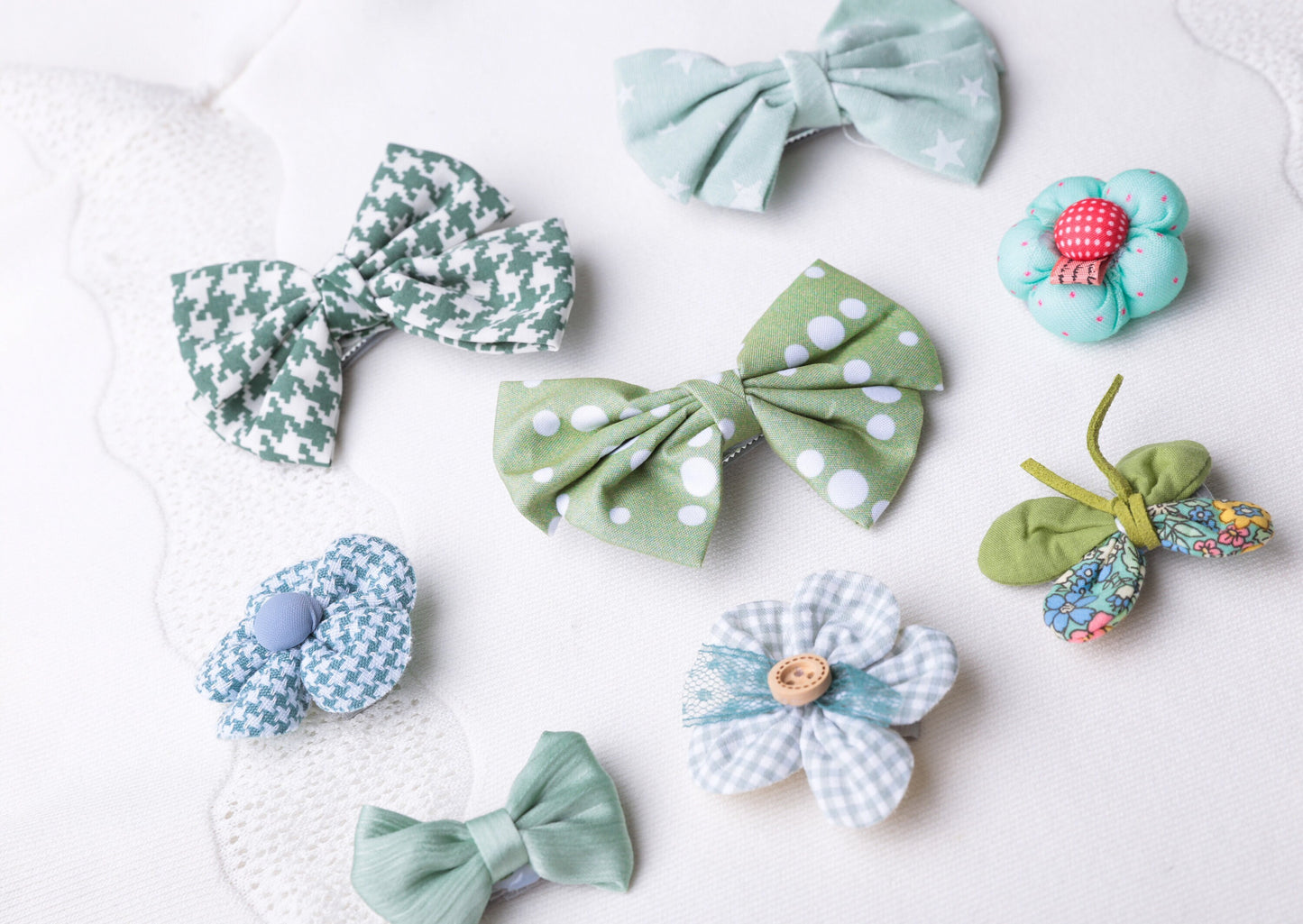 Green Bow hair Clip sets, Toddler baby girl unique Hair clip, Infant butterfly flower linen Hair Clip, baby shower gift, mint floral