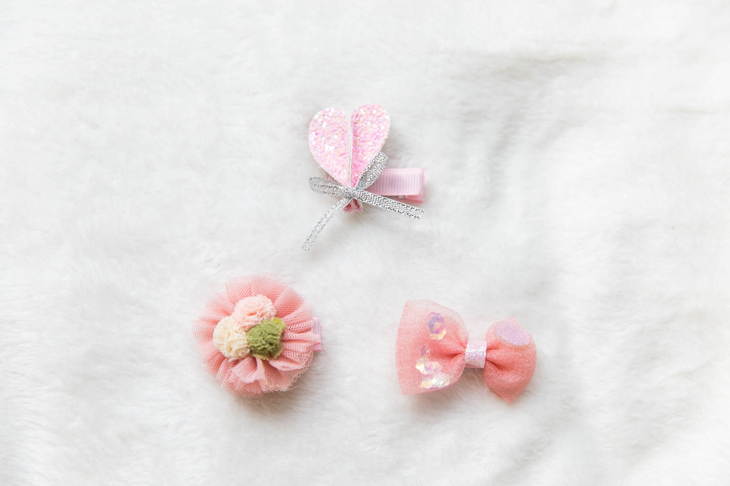 set of 3 hair clip set, baby girl toddler kids pink hair clip, glitter heart bow hair clip, floral flower hair clip, baby everyday bow clip