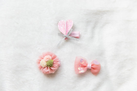 set of 3 hair clip set, baby girl toddler kids pink hair clip, glitter heart bow hair clip, floral flower hair clip, baby everyday bow clip