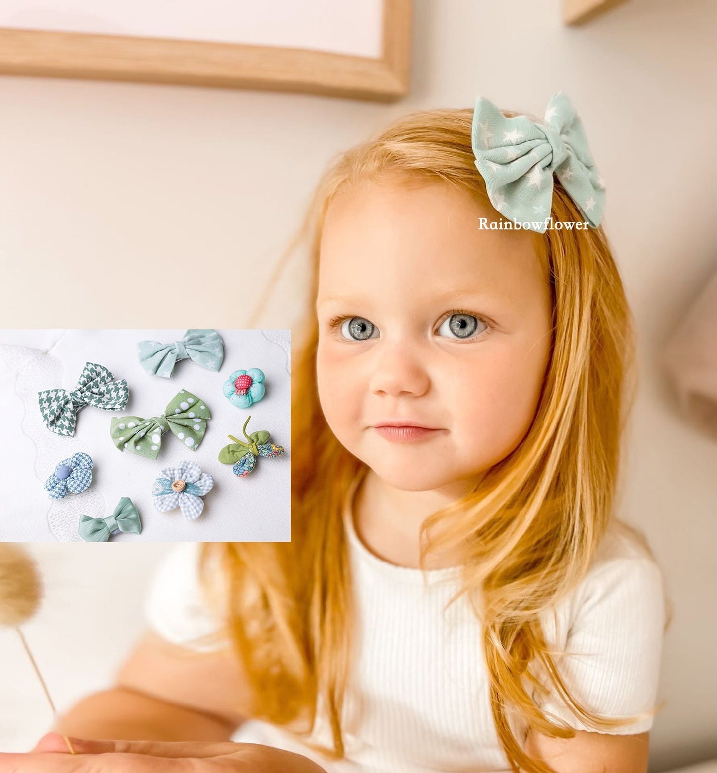 Green Bow hair Clip sets, Toddler baby girl unique Hair clip, Infant butterfly flower linen Hair Clip, baby shower gift, mint floral