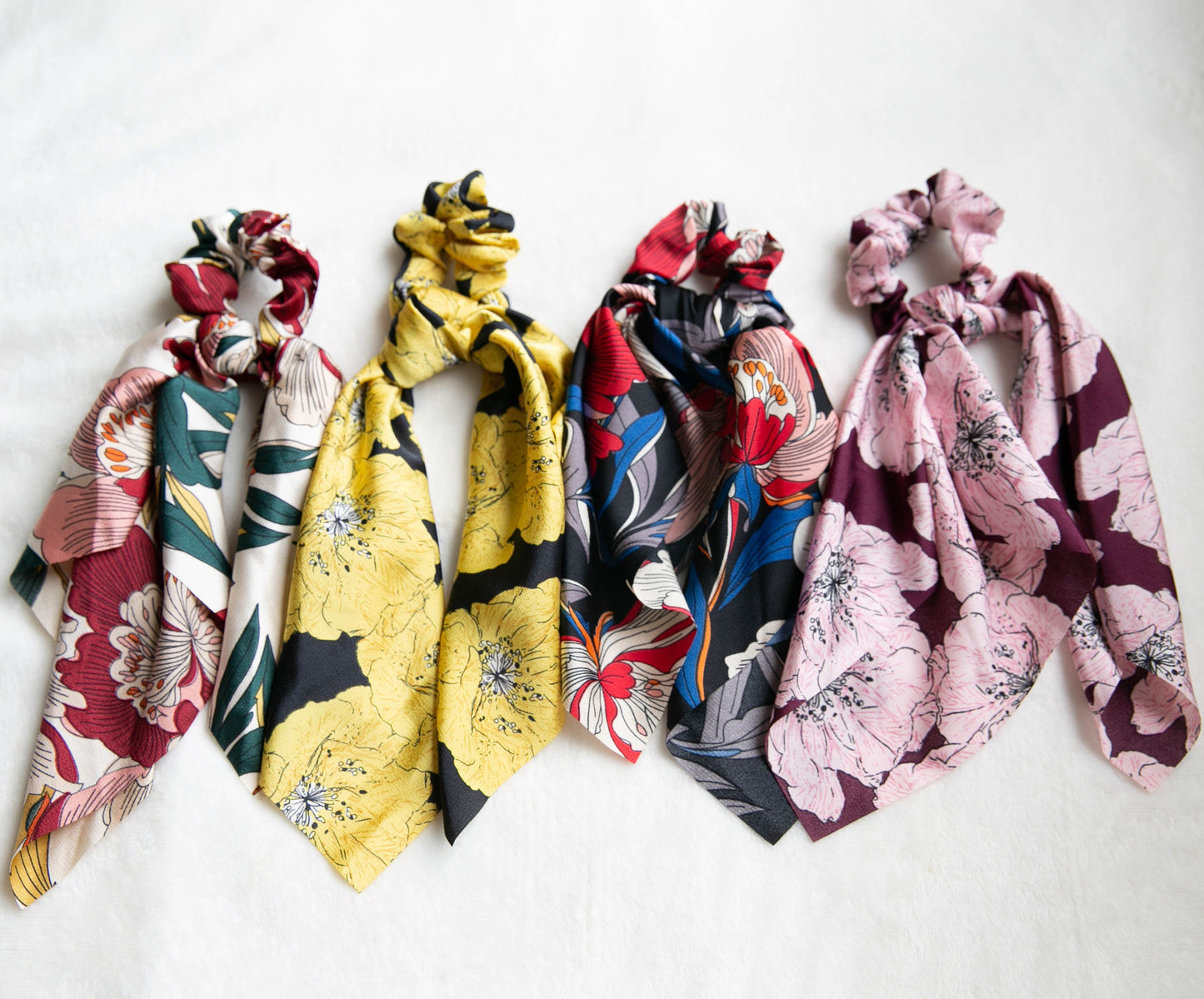 Effortless chic Holiday vibe Bohemia Scarf Scrunchies, Hair Scrunchies Scarf, Floral Hair Scarf with knot, gift for her, Elastic Hair Tie