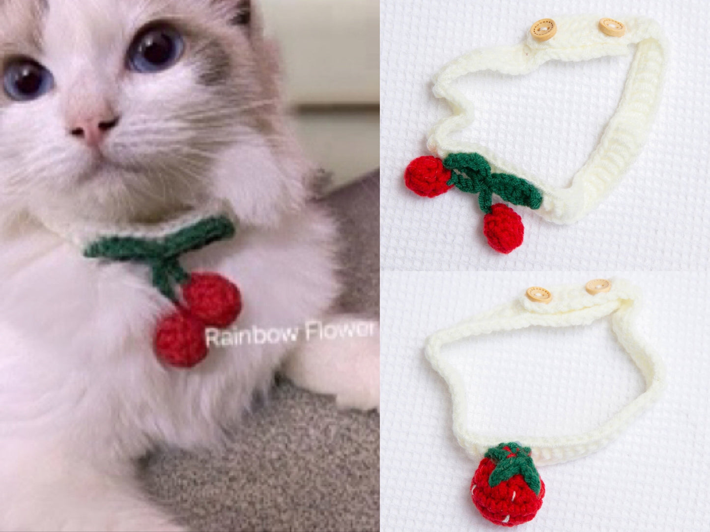 Adjustable strawberry Crochet cat Collar, cherry pet cat collar, handmade dog collar, Cat Accessories, cat scarf, cat gift, cat ornament