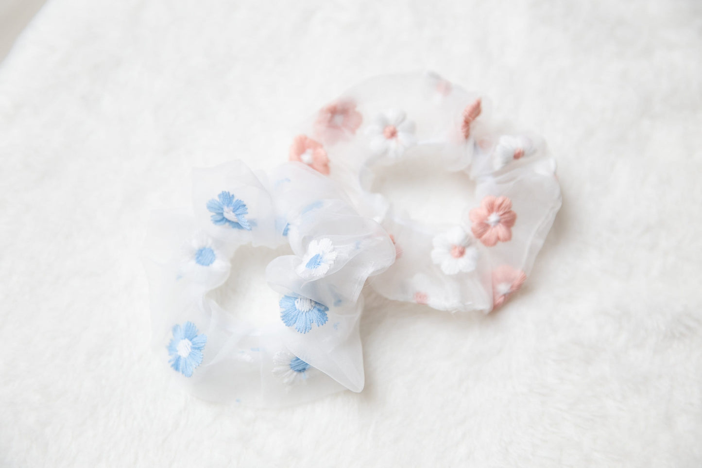 Chiffon Embroidery Flower Scrunchie, unique fabric sweet soft pink blue white floral hair tie Hair Accessories, gift for toddler teen women