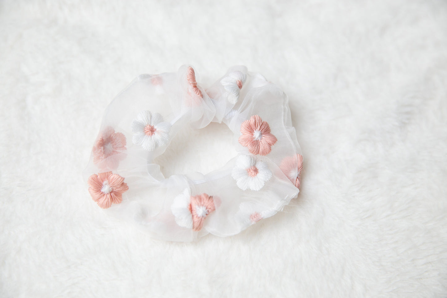 Chiffon embroidered Flower Scrunchie, mother&#39;s day gift, Hair Accessories, unique gift for toddler kids teen, embroidery hair scrunchy