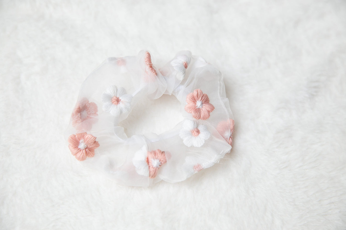 Chiffon Embroidery Flower Scrunchie, unique fabric sweet soft pink blue white floral hair tie Hair Accessories, gift for toddler teen women