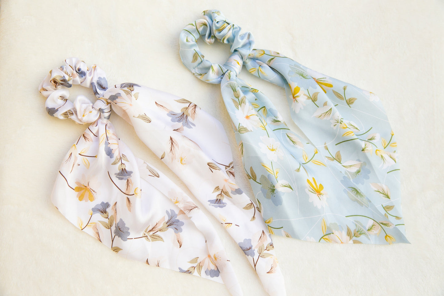 Holiday Vibe Floral Soft Satin Scarf Scrunchies, spring summer elegant Hair Scrunchies Scarf, Hair Scarf with knot, silky Elastic Hair Tie