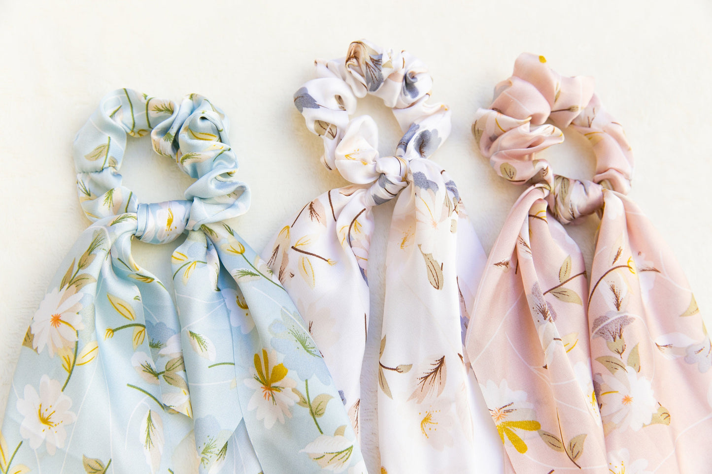 Soft Satin Scarf Scrunchies, elegant Hair Scrunchies Scarf, Floral Hair Scarf with knot, gift for her, silky Elastic Hair Tie, gift for her