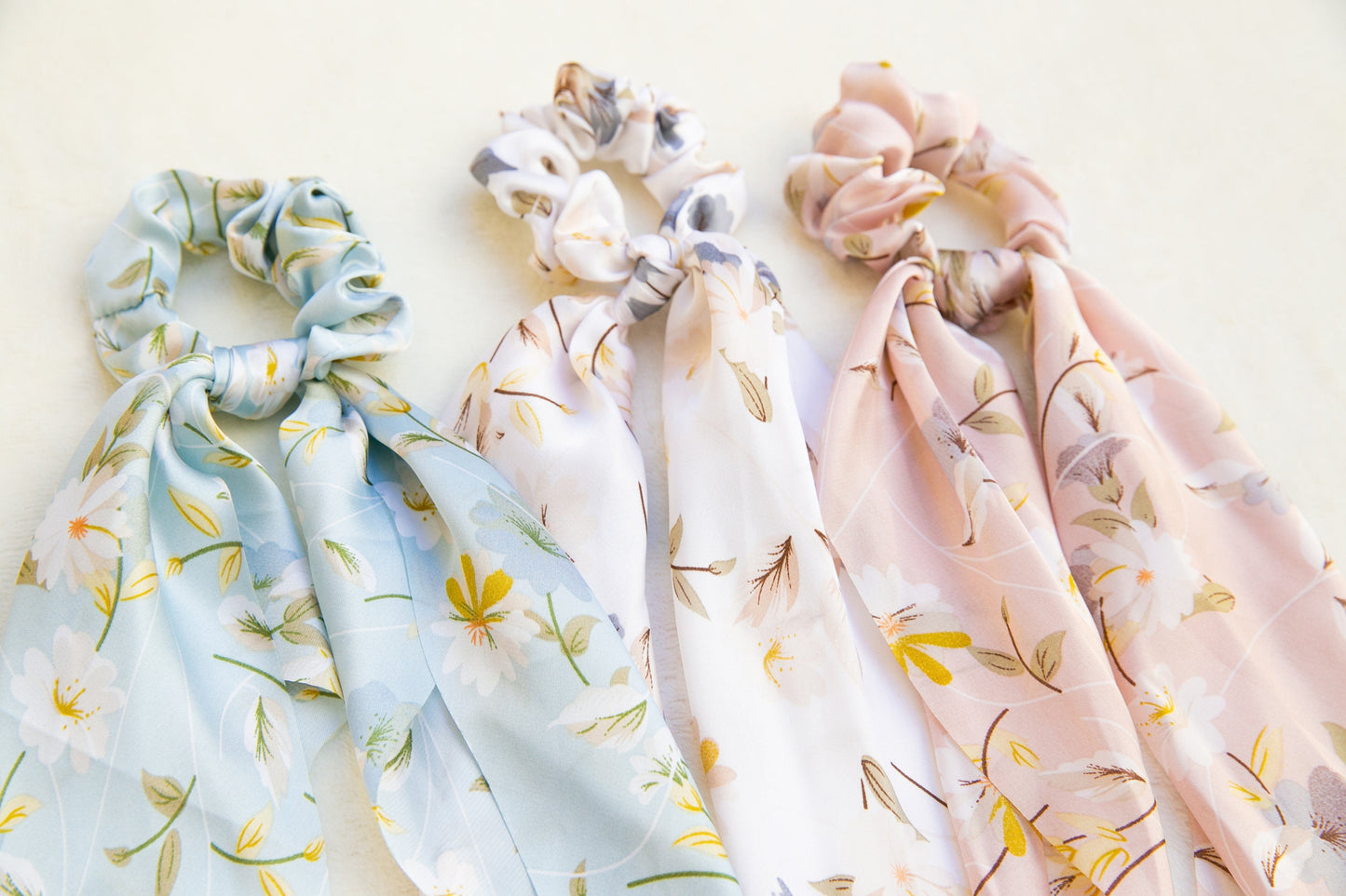 Holiday Vibe Floral Soft Satin Scarf Scrunchies, spring summer elegant Hair Scrunchies Scarf, Hair Scarf with knot, silky Elastic Hair Tie