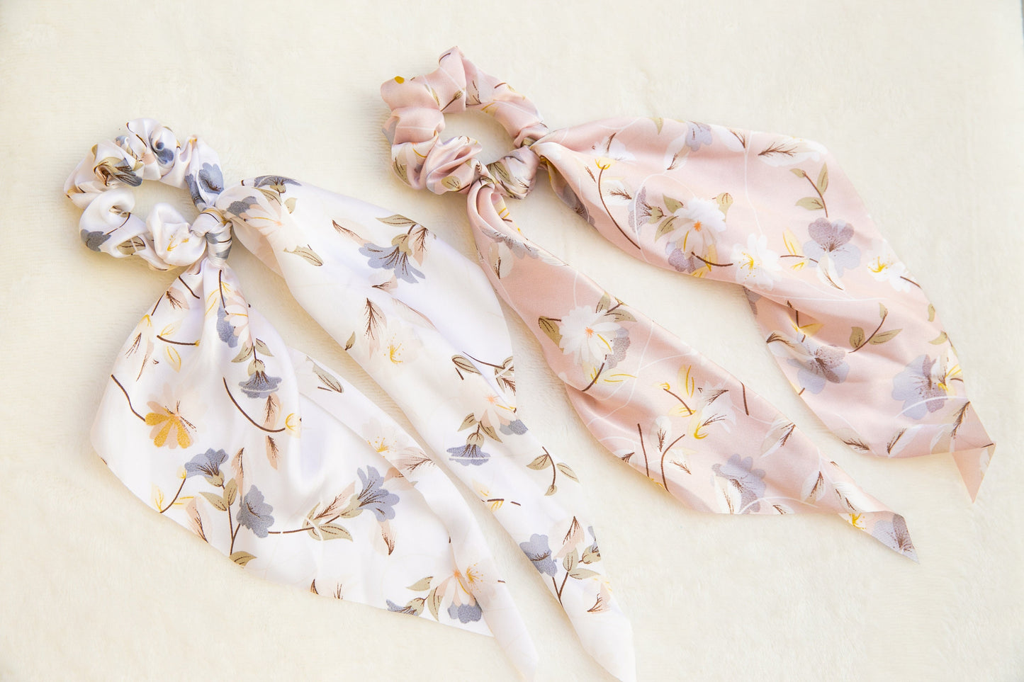 Holiday Vibe Floral Soft Satin Scarf Scrunchies, spring summer elegant Hair Scrunchies Scarf, Hair Scarf with knot, silky Elastic Hair Tie