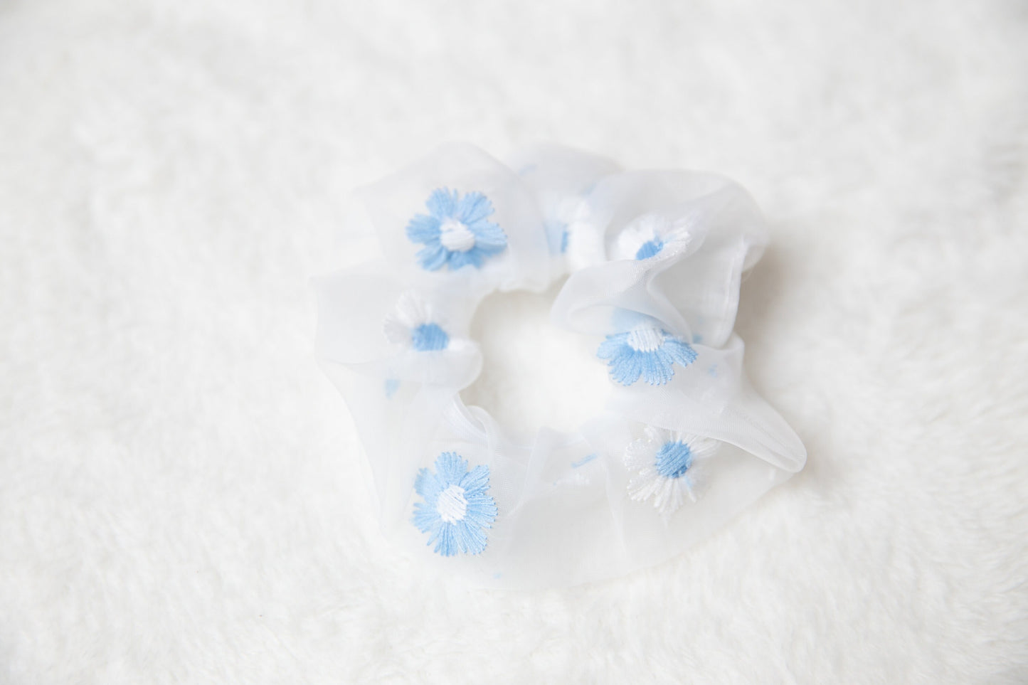 Chiffon Embroidery Flower Scrunchie, unique fabric sweet soft pink blue white floral hair tie Hair Accessories, gift for toddler teen women