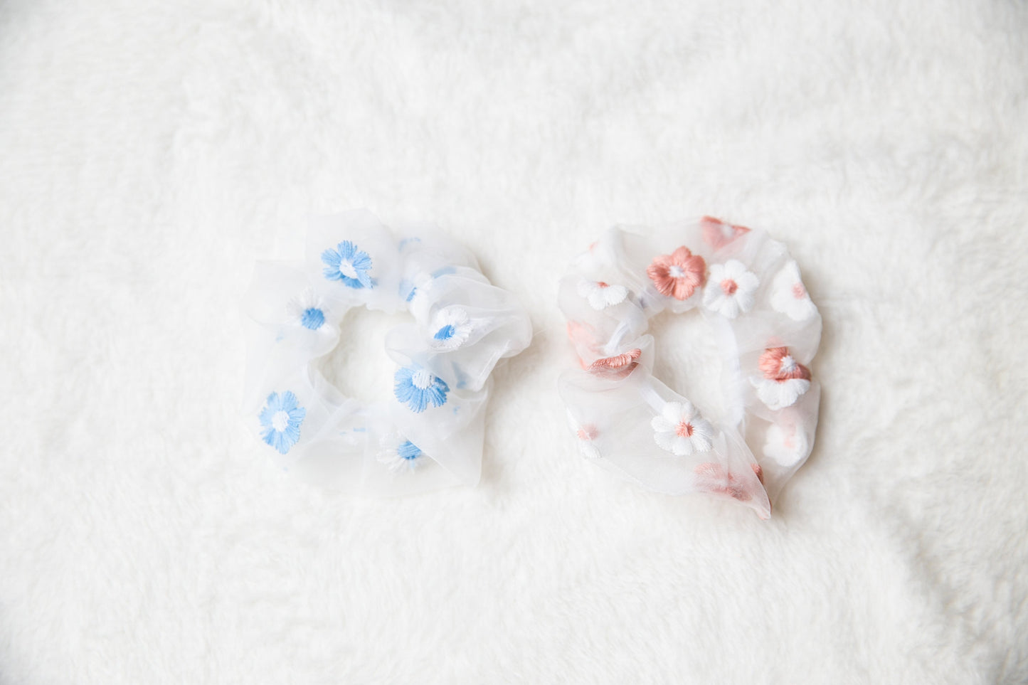 Chiffon Embroidery Flower Scrunchie, unique fabric sweet soft pink blue white floral hair tie Hair Accessories, gift for toddler teen women