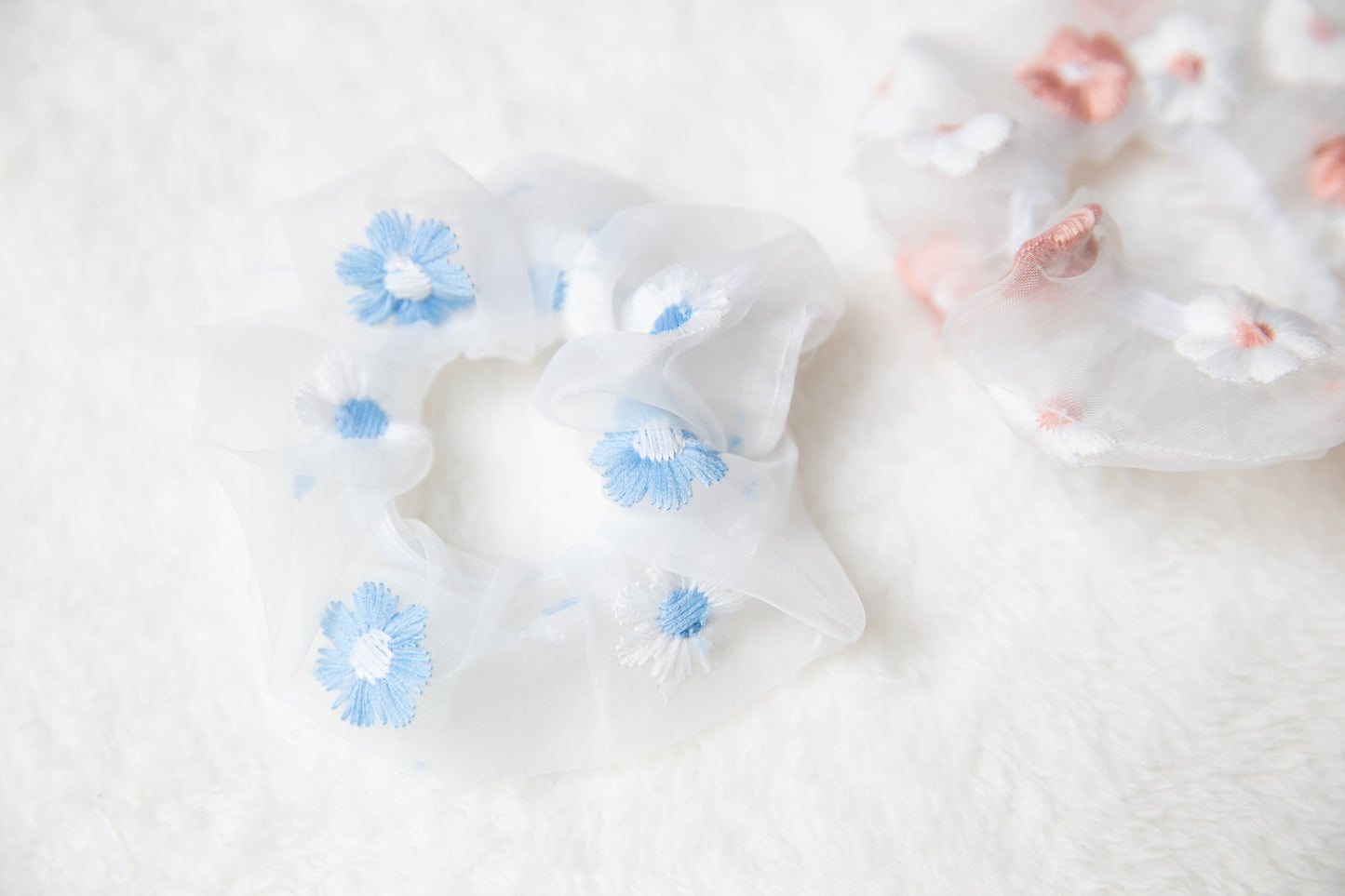 Chiffon Embroidery Flower Scrunchie, unique fabric sweet soft pink blue white floral hair tie Hair Accessories, gift for toddler teen women