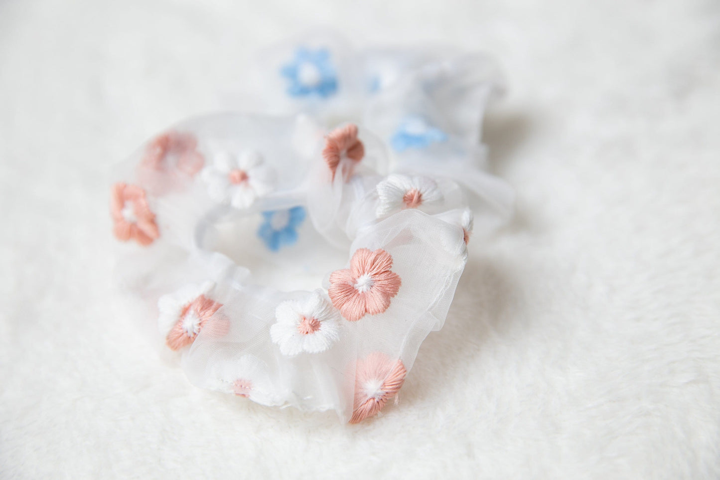 Chiffon Embroidery Flower Scrunchie, unique fabric sweet soft pink blue white floral hair tie Hair Accessories, gift for toddler teen women