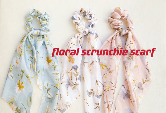 Holiday Vibe Floral Soft Satin Scarf Scrunchies, spring summer elegant Hair Scrunchies Scarf, Hair Scarf with knot, silky Elastic Hair Tie