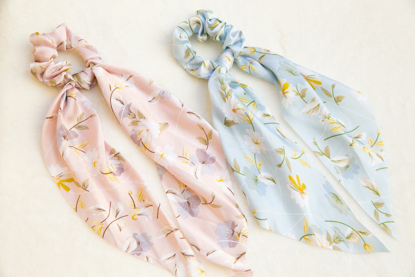 Holiday Vibe Floral Soft Satin Scarf Scrunchies, spring summer elegant Hair Scrunchies Scarf, Hair Scarf with knot, silky Elastic Hair Tie