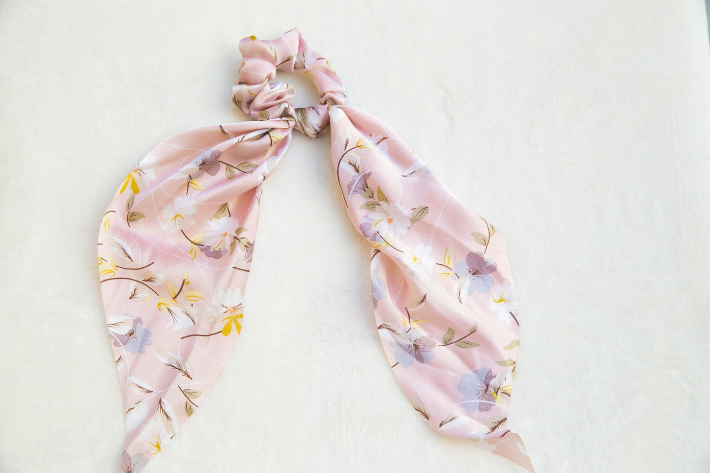 Holiday Vibe Floral Soft Satin Scarf Scrunchies, spring summer elegant Hair Scrunchies Scarf, Hair Scarf with knot, silky Elastic Hair Tie