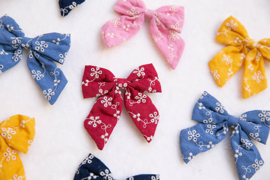 Embroidery Floral Hair Clip, Embroidered daisy Hair Clip,  red navy blue yellow pink cute toddler pigtails bow hair clip