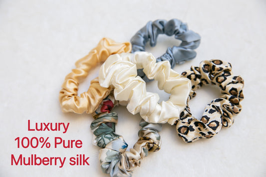 100% Pure Mulberry Silk Scrunchies set, Hair Tie real silk Scrunchies, soft minimal scrunchies, silk Hair Ties, white gold luxe scrunchies