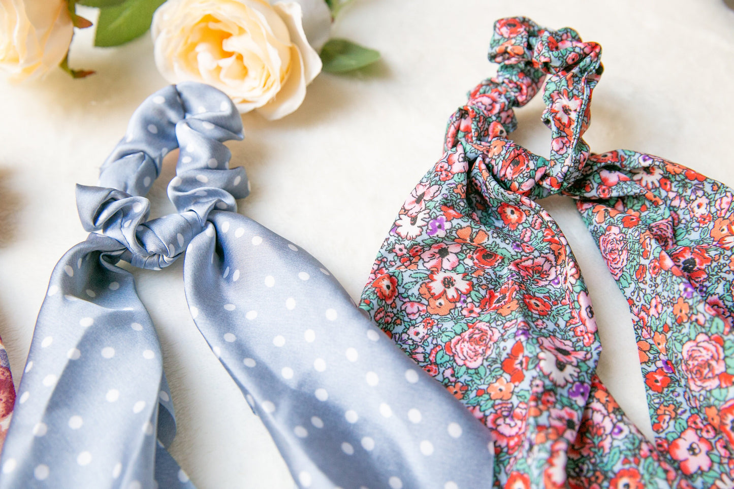 Soft Scarf Scrunchies, elegant Hair Scrunchies Scarf,  polka dots Floral Hair Scarf with knot, gift for her,  Elastic Hair Tie, gift for her